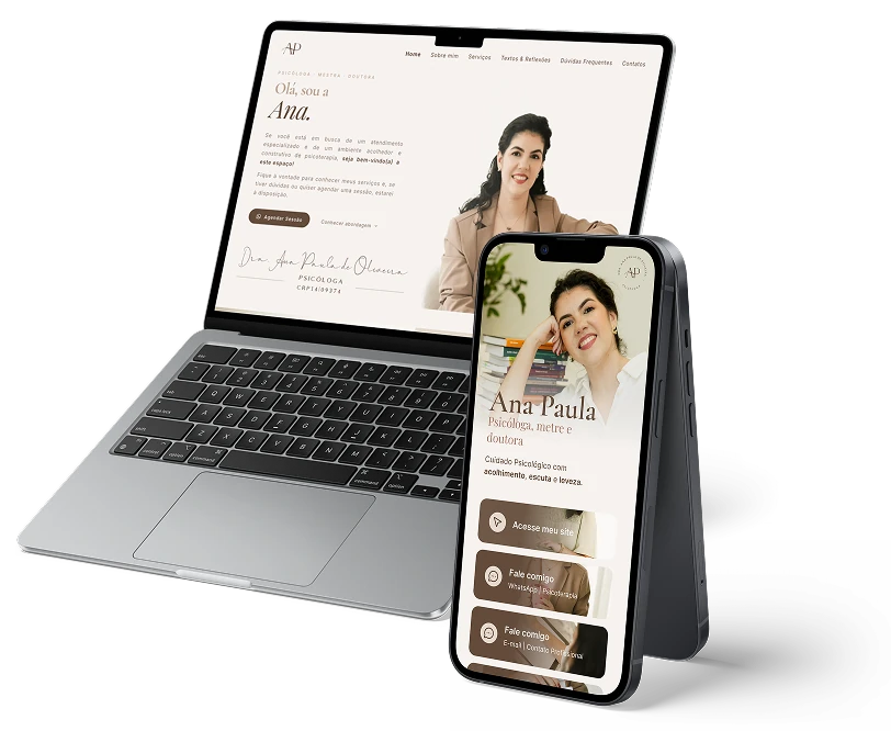 Notebook e celular exibindo o site de uma psicóloga