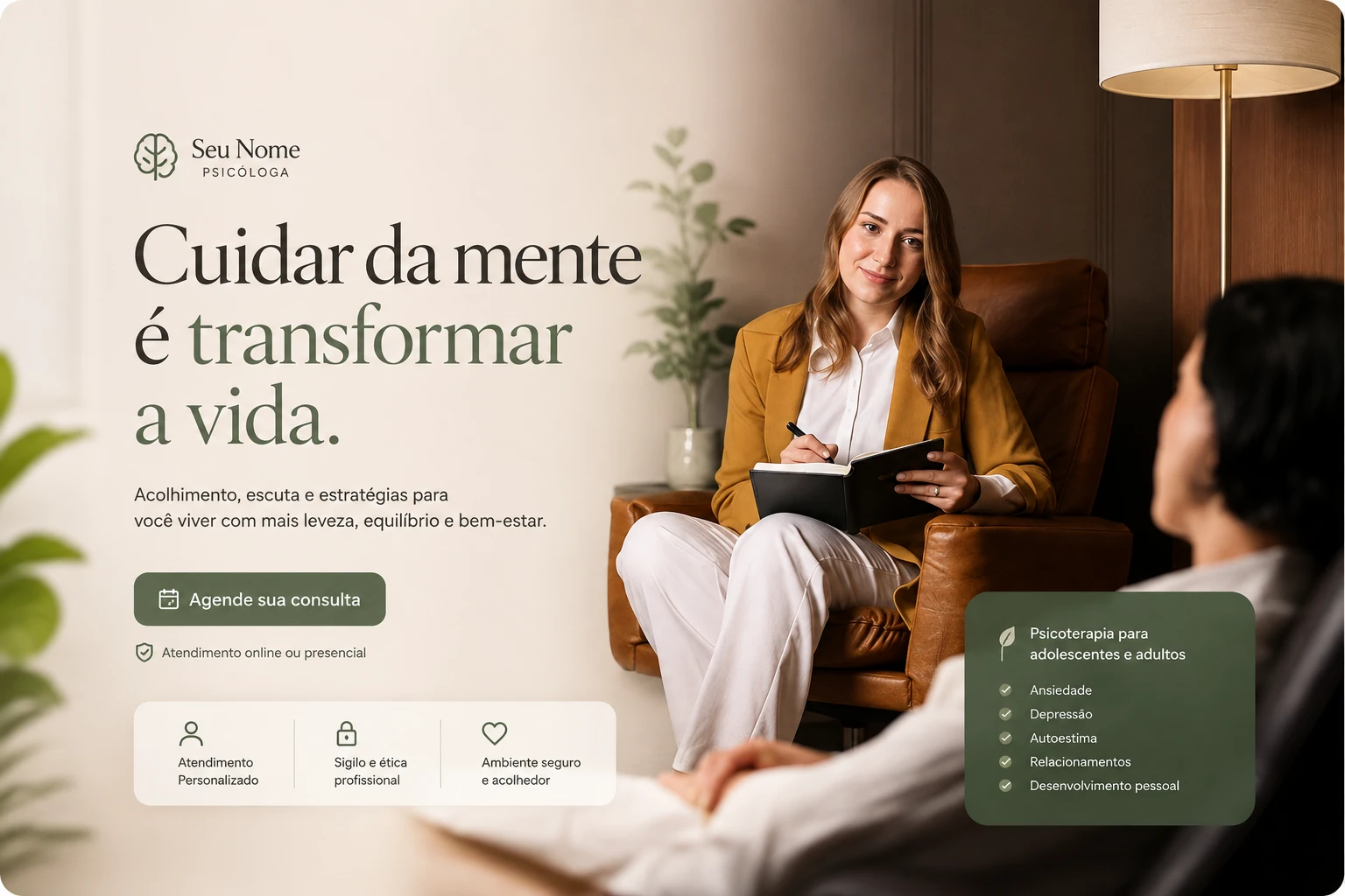 Prévia da seção Hero de uma landing page de psicóloga